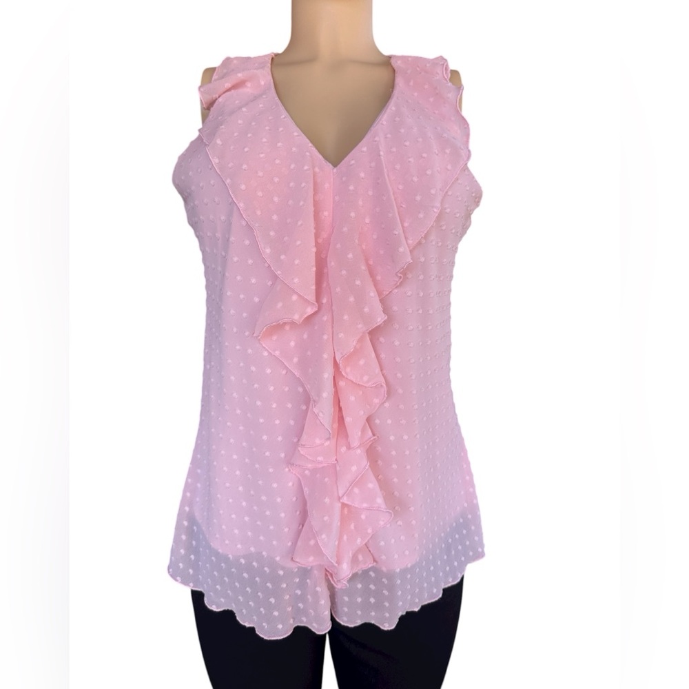 Vintage IZ Byer Pink Ruffled Swiss Dot Sleeveless Dress Blouse